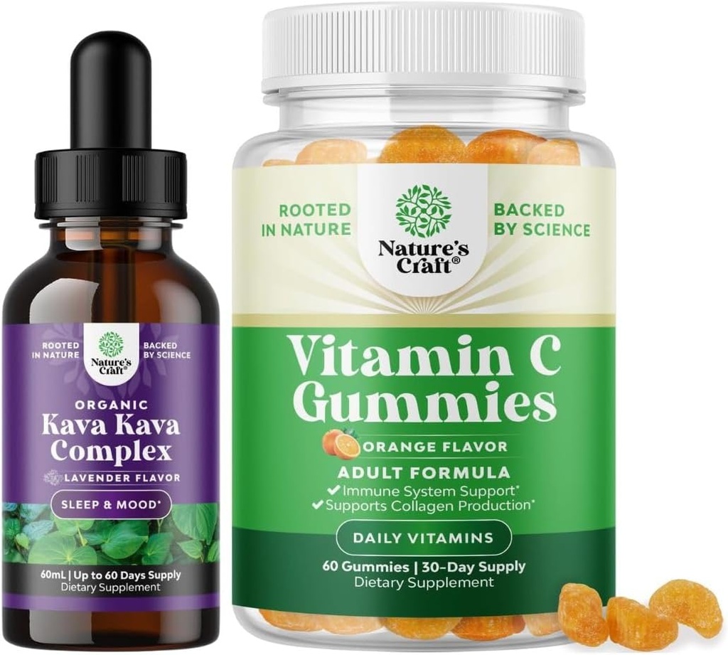 Bundle of Potent Liquid Kava Kava Drops Supplement with Kavalactones for Balanced Mood and Chewable Vitamin C Gummies for Adults - Ascorbic Acid Natural Immune Booster and Natural Cold Remedy