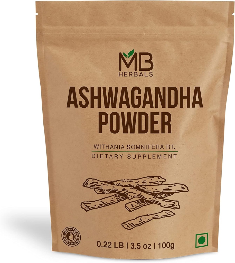 MB Herbals Pure Ashwagandha Powder 100 Gram (3.5 oz) | Lab Tested | Indian Ginseng | Withania somnifera Root Powder | No Preservatives