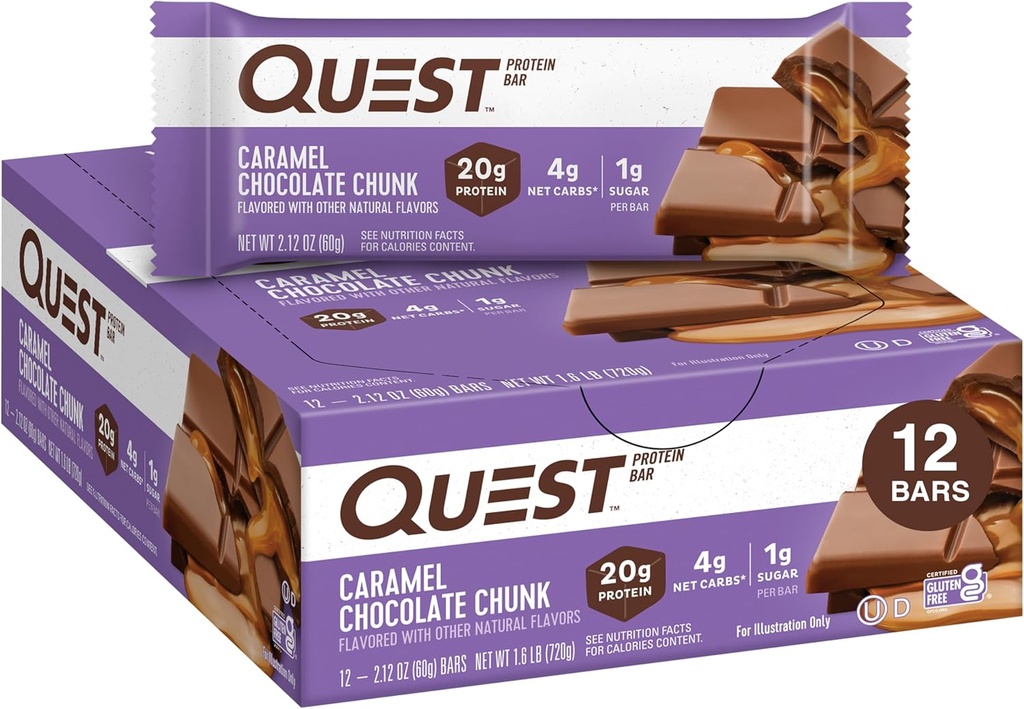Quest Nutrition Caramel Chocolate Chunk Protein Bar, 20g Protein, 1g Sugar, 4g Net Carbs, Gluten Free, Keto Friendly, 12 Count