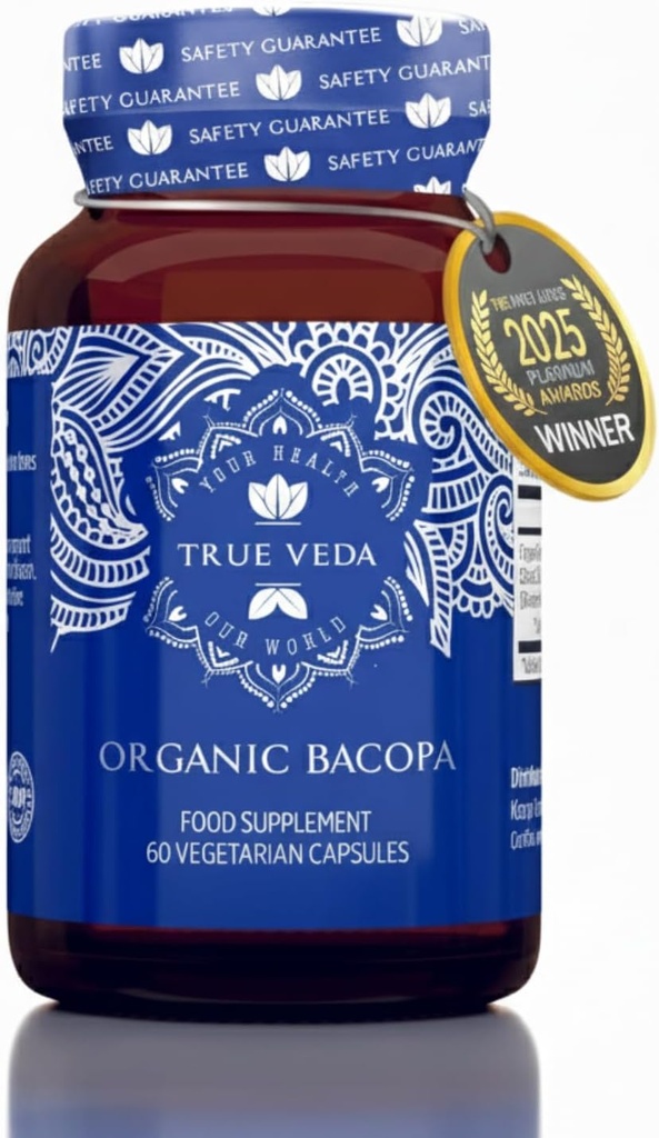 True Veda Organic Bacopa Monnieri Supplement - Premium Bacopa Extract | USDA Certified Organic Brahmi Capsules with 50% Bacosides | 20X Concentrated Brahmi Supplements | 60 Monnieri Veggie Capsules