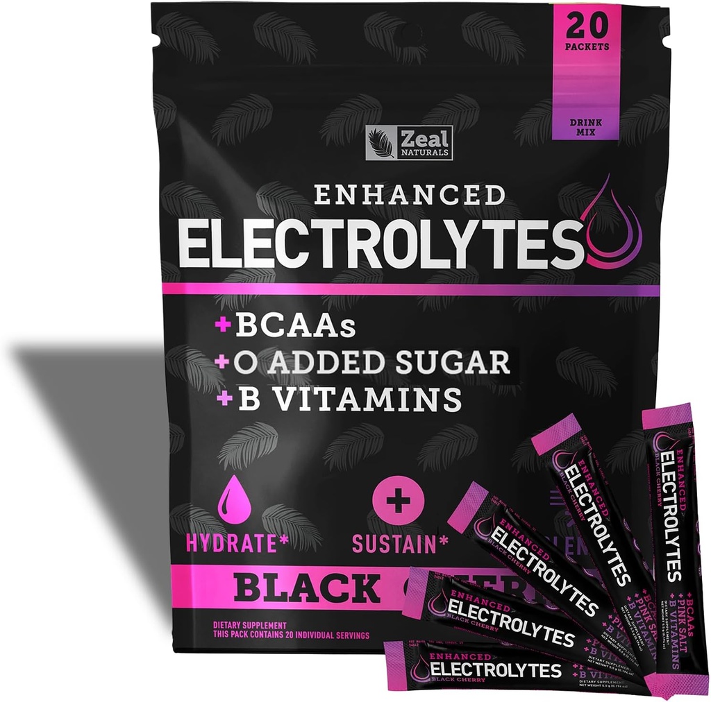 Enhanced Electrolyte Powder Stick Packs (Black Cherry | 20 Packets) w/ 0 Sugar +BCAAs +B-Vitamins Electrolyte Supplement w Potassium Zinc & Magnesium for Hydration - Keto Electrolytes