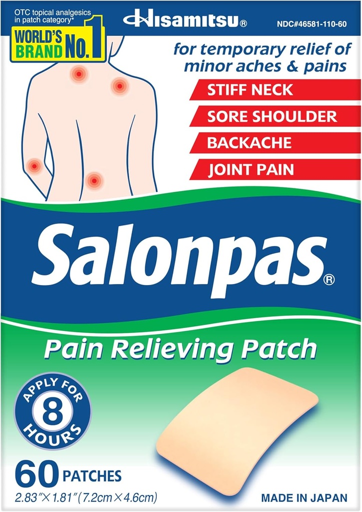Salonpas Pain Relieving Patch for Back, Neck, Shoulder, Knee Pain and Muscle Soreness - 8 Hour Pain Relief - 60 Count