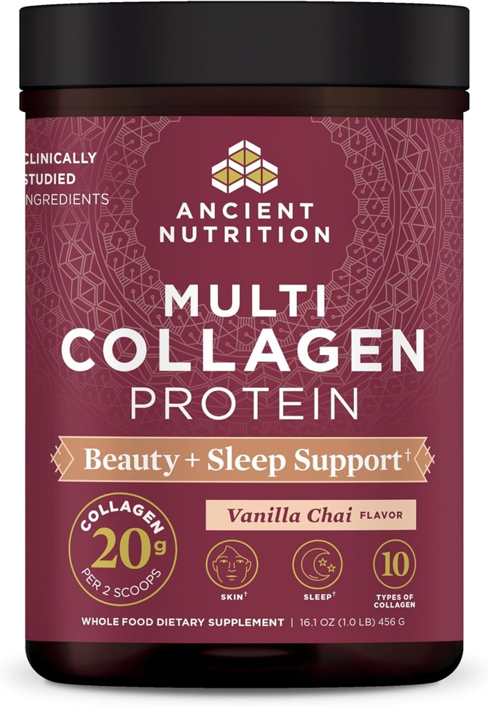 Ancient Nutrition Collagen Powder Protein, Multi Collagen Protein Beauty + Sleep with Vitamin C, Vanilla Chai, Hydrolyzed Collagen Peptides Supports Skin and Nails, Sleep, 16.1oz