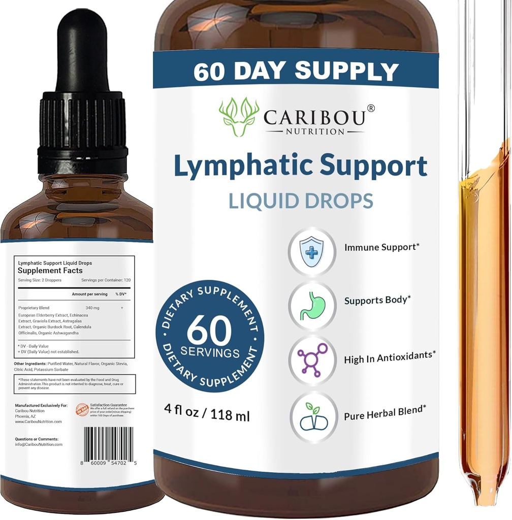 Lymphatic Drainage Drops - Lymphatic Drainage Supplements for Immune Support | High Potency Lymphatic Support Drops with Elderberry and Echinacea | 60 Servings - 4oz
