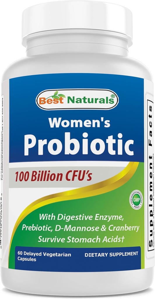 Best Naturals Probiotics for Women 100 Billion CFU - 10 Strains + Prebiotics Fiber + Digestive Enzyme Blend + Women's Health Herbal Blend - Immune, Digestive & Gut Health - 60 Deleyaed Capsules