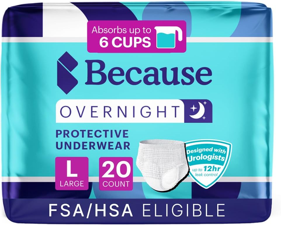Because Overnight Absorbency Pull Ups - Adult Disposable Incontinence Underwear, Extra Absorbent Nighttime Briefs for Men and Women, White, Large, 20 Count