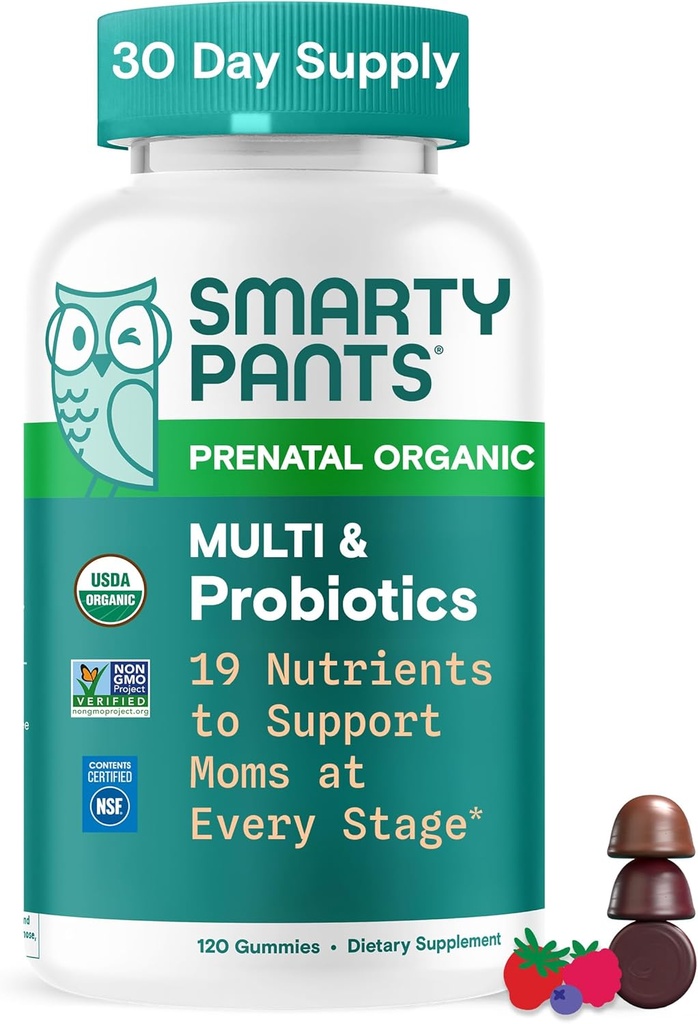 SmartyPants Organic Prenatal Vitamins for Women, Multivitamin Gummies: Probiotics, Biotin, Methylfolate, Omega 3 (ALA), Vitamin D3, C, Vitamin B12, B6, A, K2 & Zinc, Choline, 120 Count (30 Day Supply)