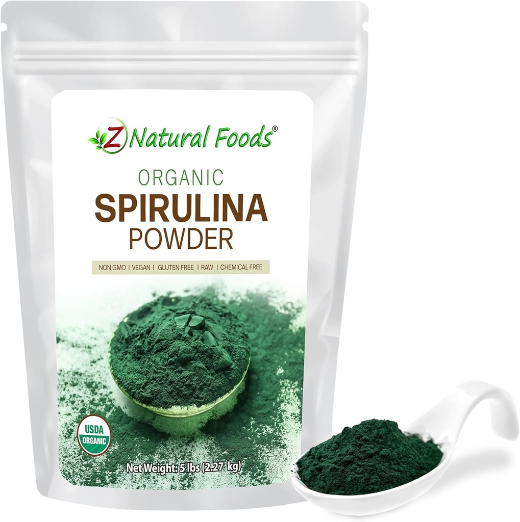 Z Natural Foods Organic Spirulina Powder - 100% Pure Spirulina, Nutrient-Dense Blue-Green Algae Superfood with Amino Acids, 15x Beta-Carotene - Mix in Smoothies, Yogurt, Recipes, 5 lbs