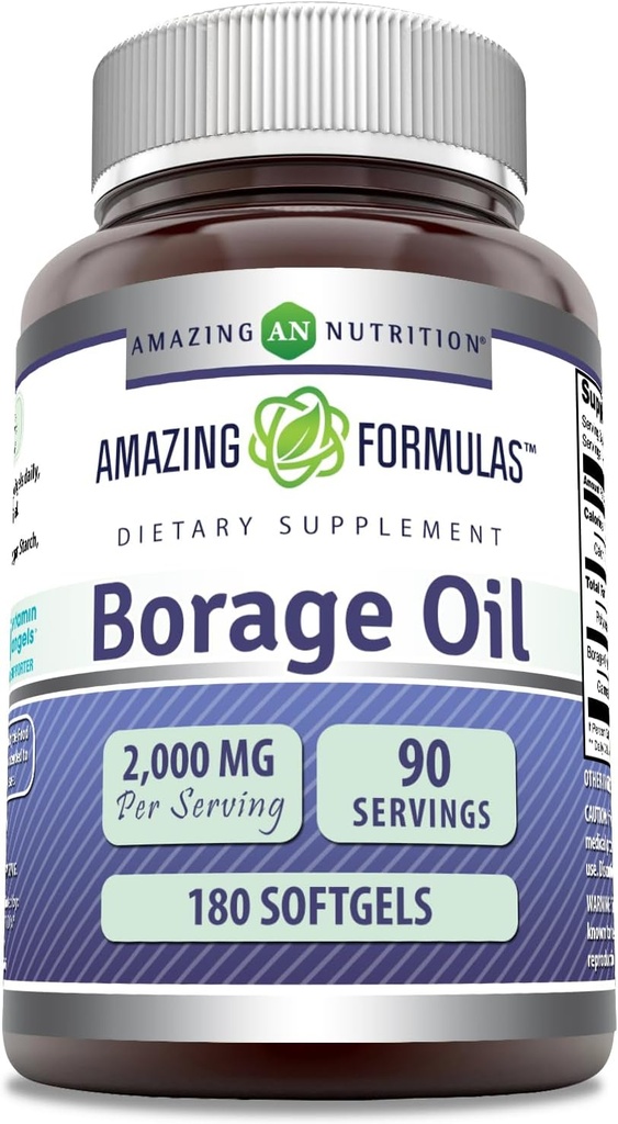 Amazing Formulas Borage Oil Supplement | 2000 Mg Per Serving | Softgels | Non-GMO | Gluten-Free | Made in USA (180 Count, 1 Pack)