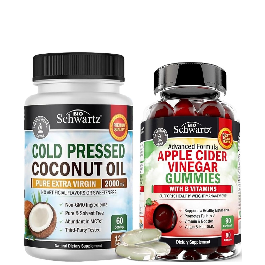 BioSchwartz ACV Apple Cider Vinegar Gummies with B Complex Vitamins (3 Month Supply) Plus Cold Pressed MCT Coconut Oil Capsules (2 Month Supply)