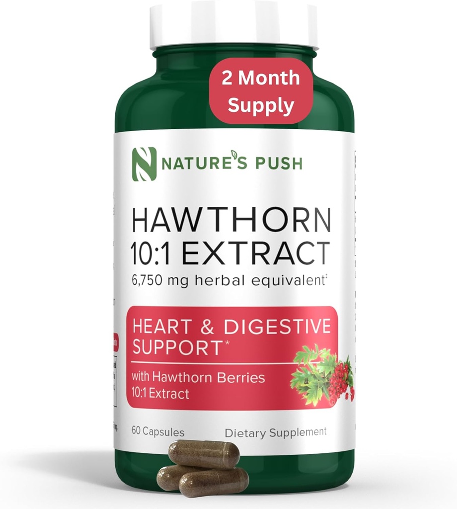 Nature's Push Super Potent Hawthorn Berry 10:1 Extract Capsules for Digestion Heart Health, Glycemic Support-Extra Strength Hawthorn Capsules Non-GMO Gluten Free Vegan GMP USA (60 Count (Pack of 1))