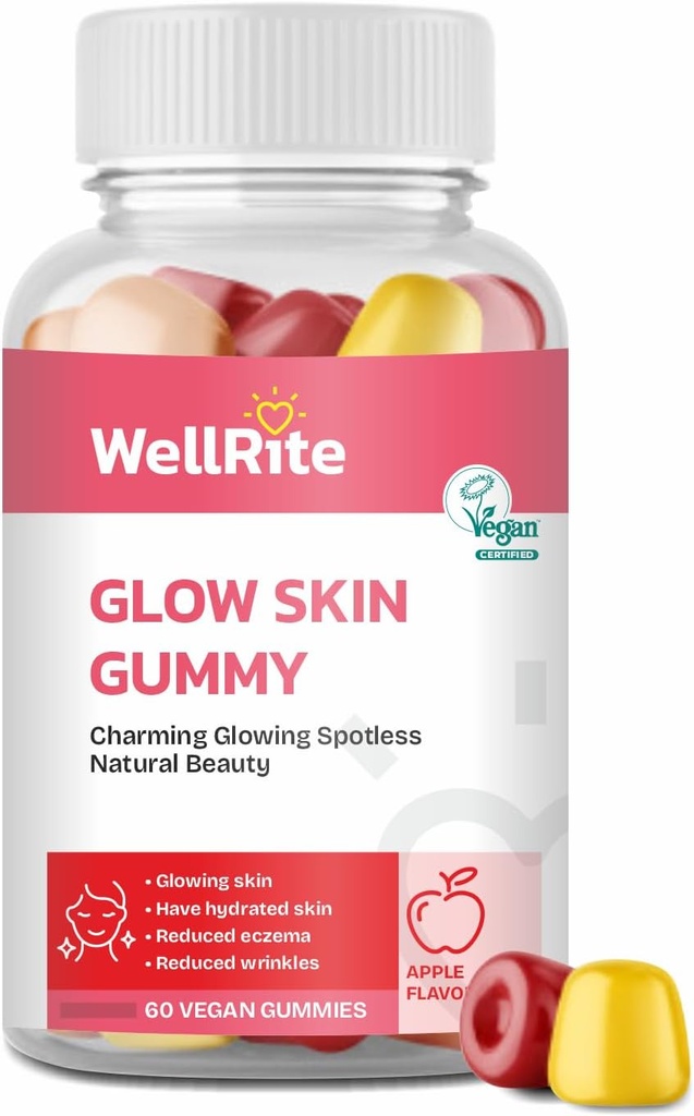 Glow Skin Gummy Vitamins, 60 Count, Apple Flavored, Vegan, Gelatin Free, Gluten Free, Nut Free, Glowing & Hydrated Skin, Reduced Eczema, Reduced Wrinkles