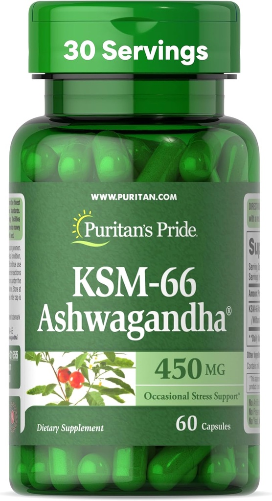 Puritan's Pride KSM-66 Ashwagandha® 450mg, Highly Concentrated Dietary Supplement for Stress Relief, Mood Enhancing, and Memory Support, 1 Month Supply, 60 Capsules