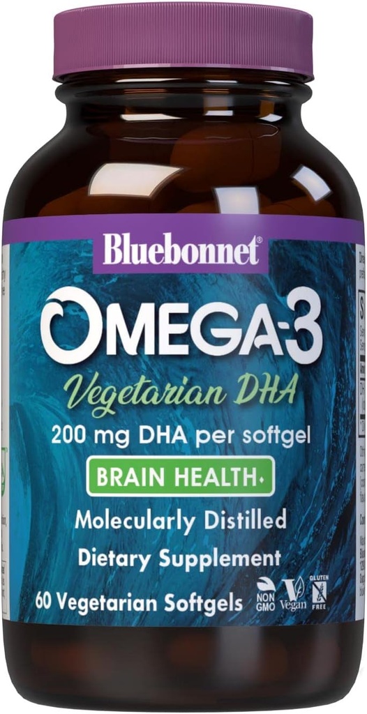 Bluebonnet Natural Omega-3 Vegetarian DHA Vegetarian Softgels, 200 mg, 60 Count ('743715009097)