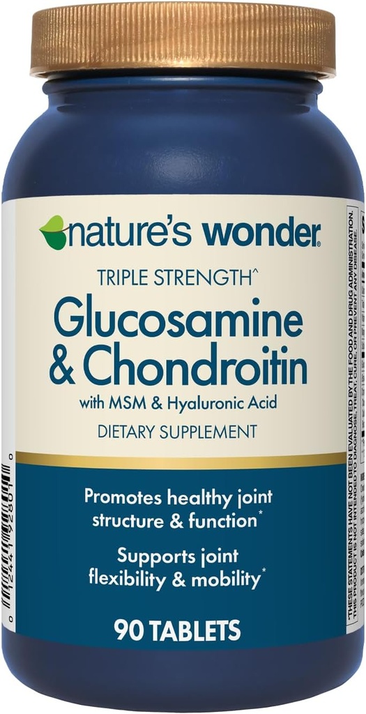 Nature's Wonder Triple Strength Glucosamine Chondroitin with MSM and Hyaluronic Acid and Boswellia for Joint Health, Supports Joint Flexibility and Mobility, 45 Day Supply, 90 Tablets