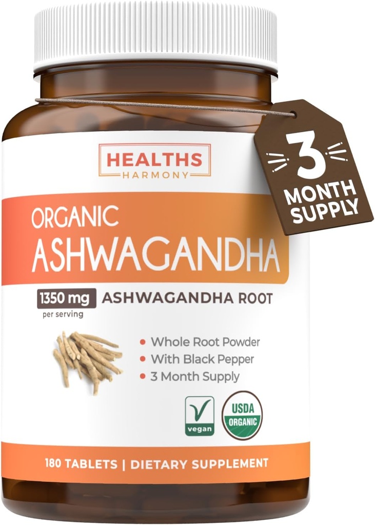 USDA Organic Ashwagandha Supplement - High Potency Ashwagandha Pills Made With Organic Black Pepper for Enhanced Absorption - Vegan Non-GMO Made in the USA & Lab Verified (3 Months Supply)
