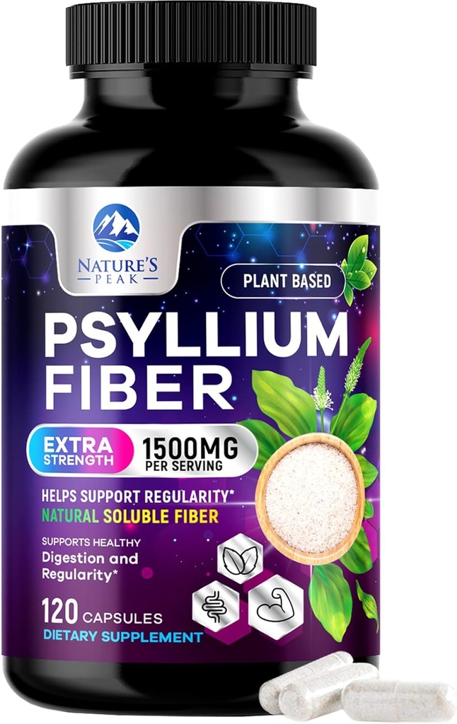 Psyllium Husk Fiber Supplement 1500mg - Vegan Prebiotic, Soluble Fiber for Daily Digestive Health & Regularity Support, Natural Psyllium Powder Caps, Sugar-Free, Non-GMO & Gluten-Free - 120 Capsules