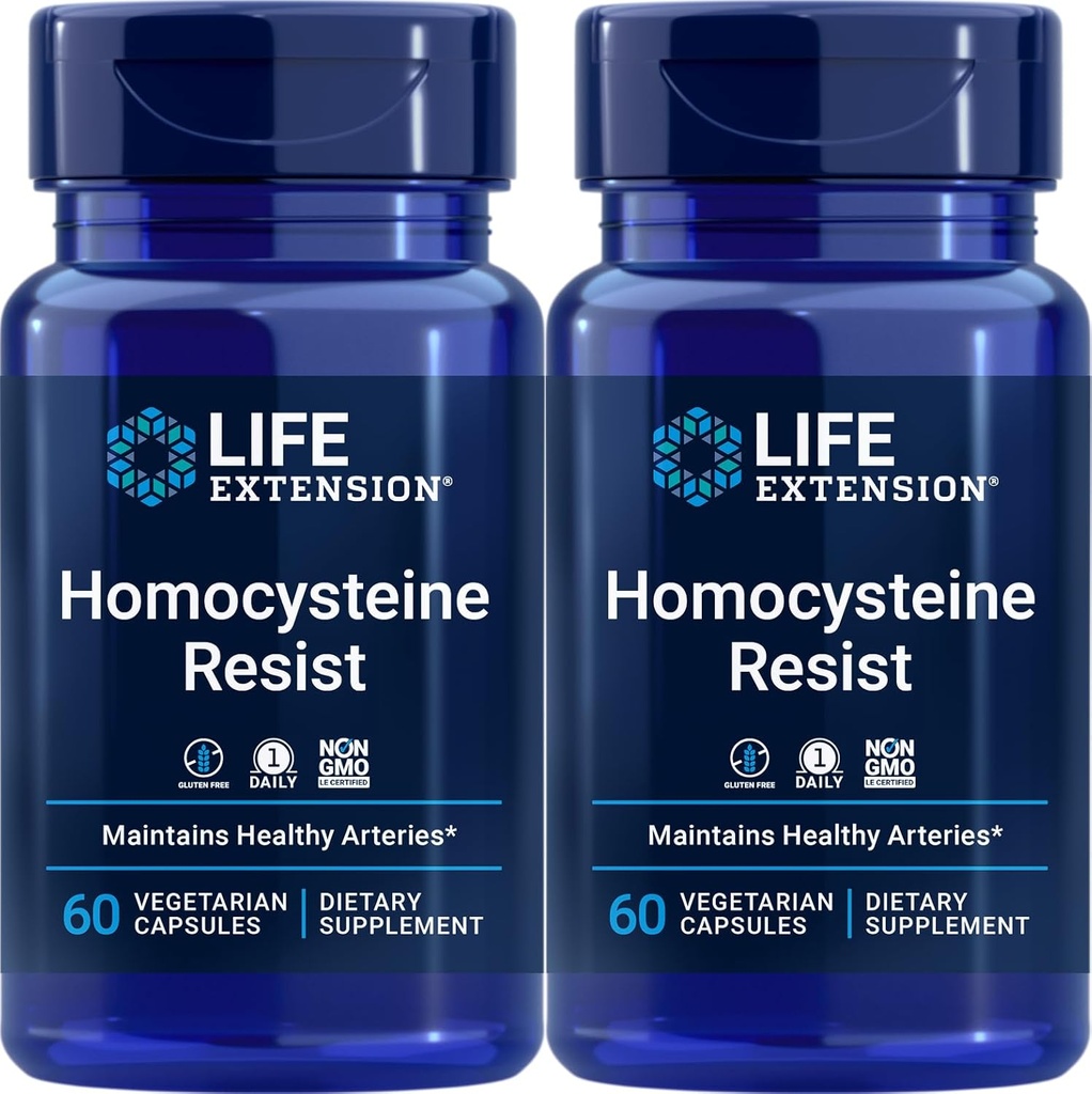 Life Extension Homocysteine Resist, 60 Vegetarian Capsules (Pack of 2) Vitamin B2, B6 & B12 + Folate - Once-Daily, Non-GMO, Gluten-Free