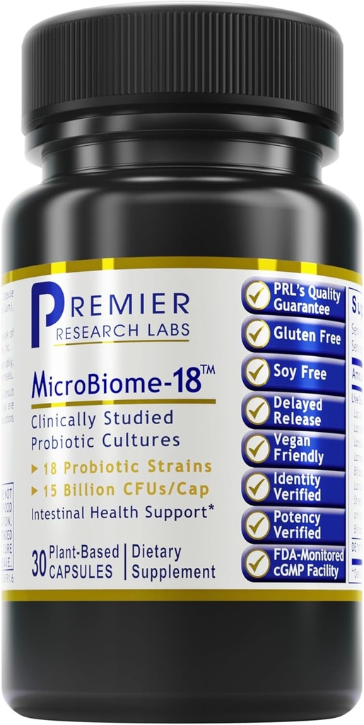Premier Research Labs MicroBiome-18 - Probiotics for Digestive Health, Probiotics with Lactobacillus Acidophilus for Women and Men, Reuteri for Healthy Gut Microbiome - 30 Vegetarian Capsules