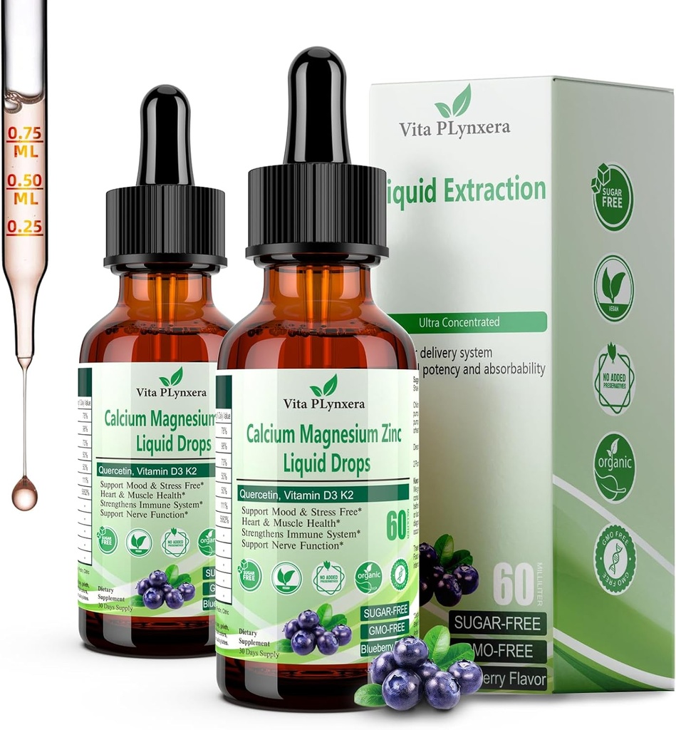 2 Packs Calcium Magnesium Zinc, Liquid Calcium Magnesium Citrate with Vitamin D3 K2, B6, Omega-3, High Potency Liquid Magnesium Calcium Drops w. Herbal Supplement for Bone, Muscle, Relaxation, Sleep