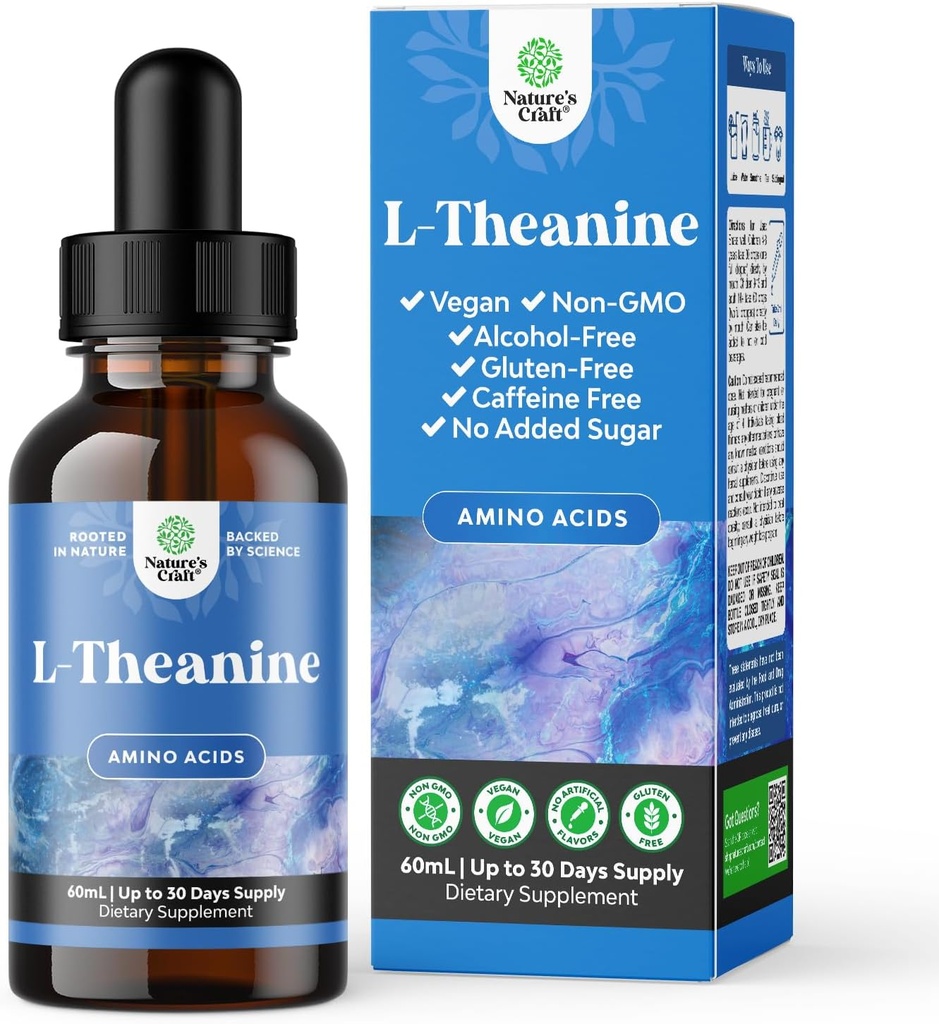Natures Craft High Absorption L-Theanine Liquid Drops - Nootropic Focus Supplement with L Theanine 200mg Per Serving and Chamomile Extract - Supplement for Adults and Kids Relaxation and Focus - 2oz