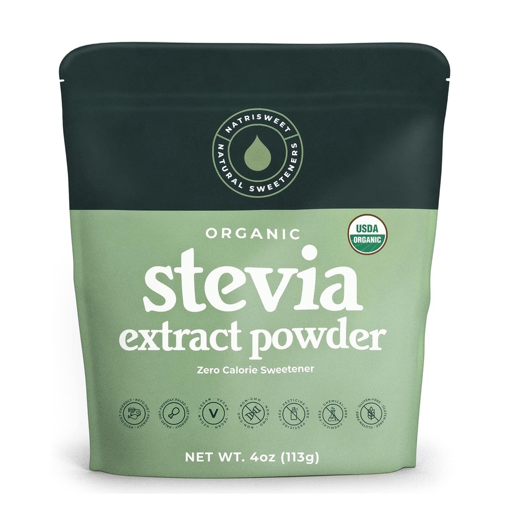 Organic 100% Pure Stevia Powder, 4 oz, Satisfies Sweet Cravings, Lowers Blood Sugar Levels for Diabetics, Bulk Powdered Stevia Extract Sweetener for Better Baking & Beverages, 800+ Servings by NatriSweet