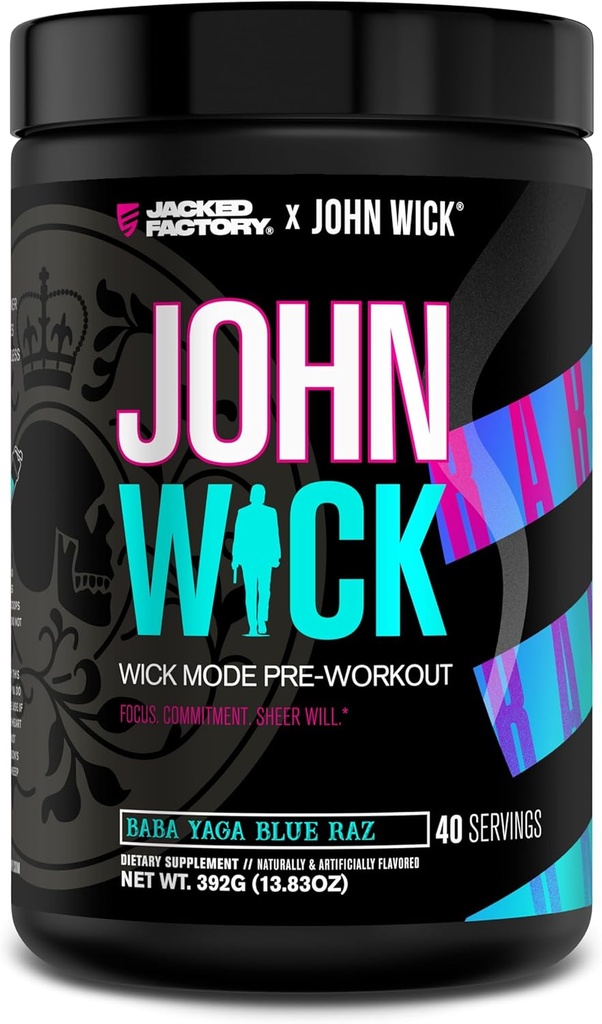 Jacked Factory X John Wick - Wick Mode Pre Workout Powder - Intense Energy, Battle-Ready Focus, Unstoppable Commitment, and Sheer Will - 40 Servings, Baba Yaga Blue Raz