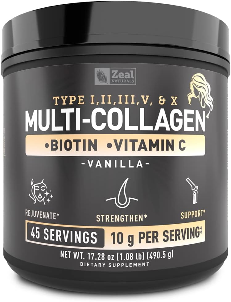 Premium Multi Collagen Peptides Protein Powder (1, 2, 3, 5 & 10) with Vitamin C, Biotin, Hyaluronic Acid, for Hair Skin and Nails - Marine, Bovine, Chicken & Eggshell (Vanilla, 45 Servings)