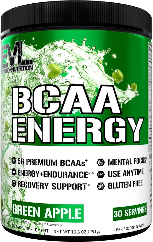 EVL BCAAs Amino Acids Powder - Rehydrating BCAA Powder Post Workout Recovery Drink with Natural Caffeine - BCAA Energy Pre Workout Powder for Muscle Recovery Lean Growth and Endurance - Green Apple