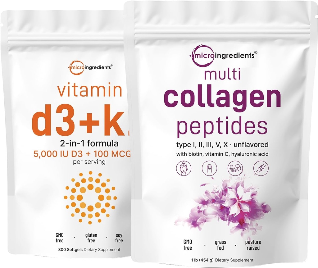 Micro Ingredients Multi Collagen Protein Powder 16oz & Vitamin D3 5,000iu + K2 100mcg Softgels Bundle 2 Pack | Grass-Fed Collagen Peptides | Essential Sunshine Vitamins