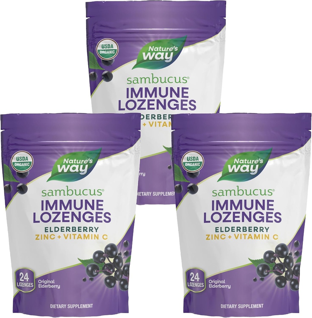 Nature’s Way Sambucus Immune Lozenges – Immune Lozenges for On-the-Go Use*– Zinc, Vitamin C & Black Elderberry Extract – Vegan & Gluten-Free - Original Elderberry Flavor - 72 Count (72 Servings, 3 pk)