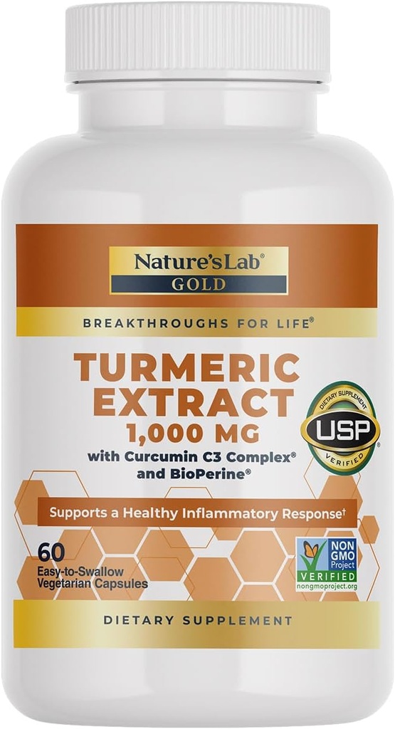 Nature's Lab Turmeric Extract with Curcumin C3 & BioPerine 1000mg - Promotes Cardiovascular, Digestion and Immune Health - 60 Capsules (30 Day Supply)