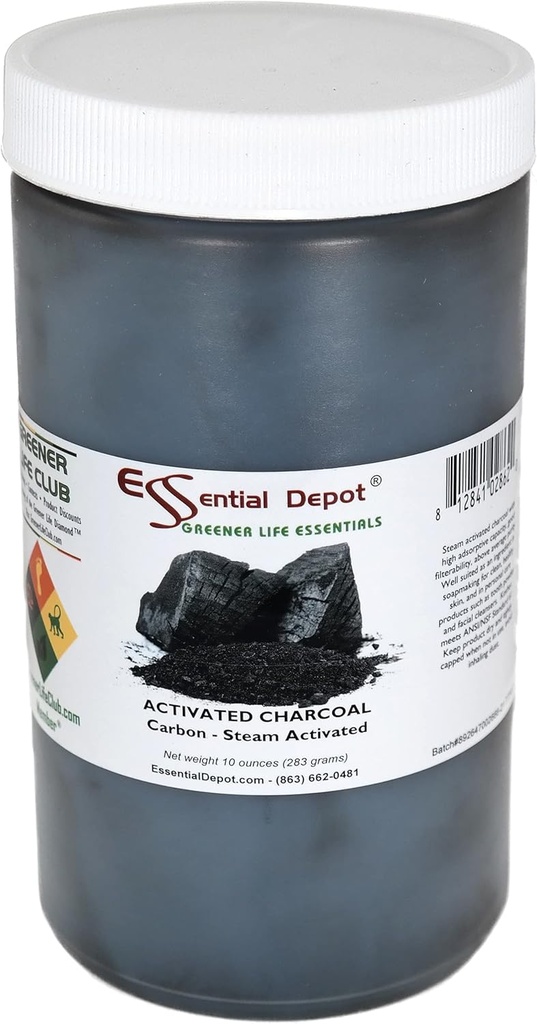 Essential Depot Activated Charcoal Powder - 10 oz - Safety Sealed HDPE Container with Resealable Cap