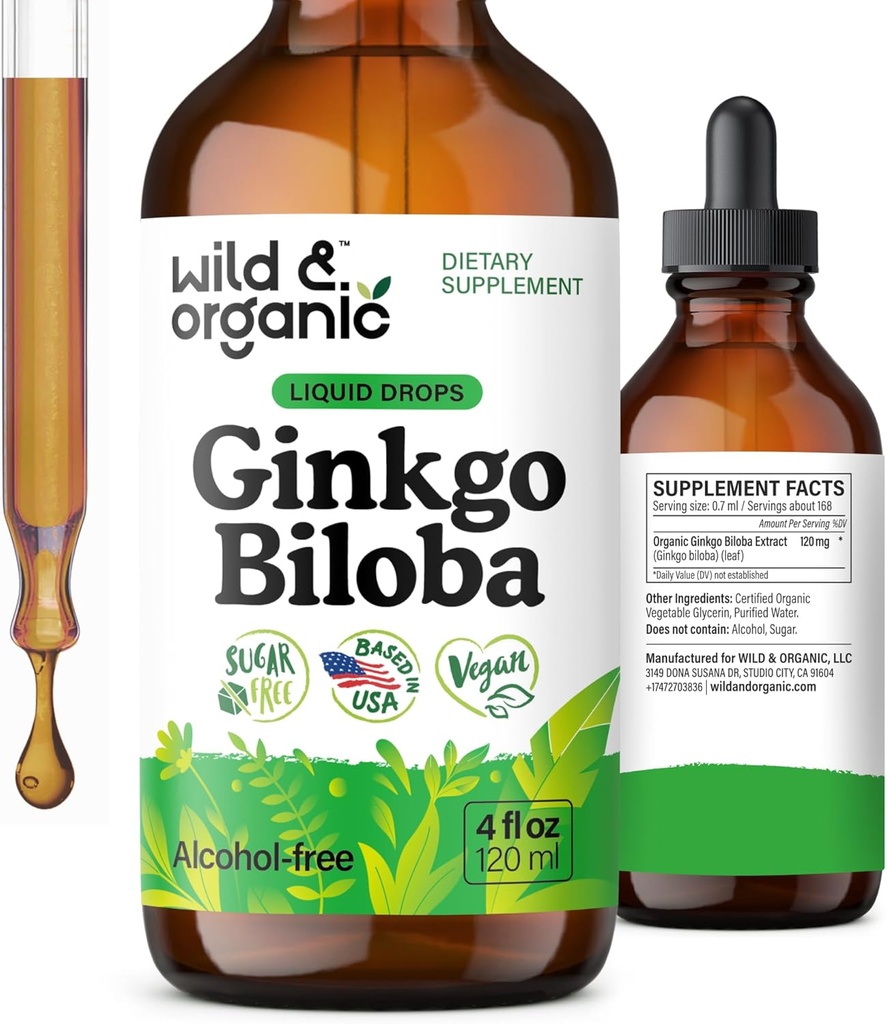 Wild & Organic Ginkgo Biloba Extract Drops - Brain & Focus Support - Liquid Ginkgo Biloba Supplements - Vegan, Sugar & Alcohol-Free Herbal Tincture - 4 fl oz