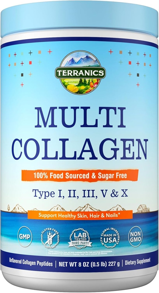 Terranics Multi Collagen Peptides Powder, Type I II III V X Hydrolyzed Collagen for Women+Men, Collagen Supplements, Fast Dissolve, Unflavored Colageno, No Sugar, Keto, 8oz