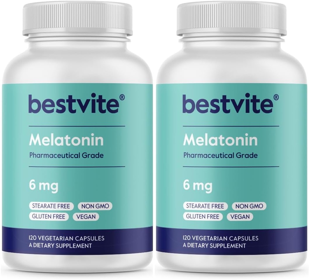BESTVITE Melatonin 6mg (240 Vegetarian Capsules) (120 x 2) - No Stearates - Vegan - Non GMO - Gluten Free