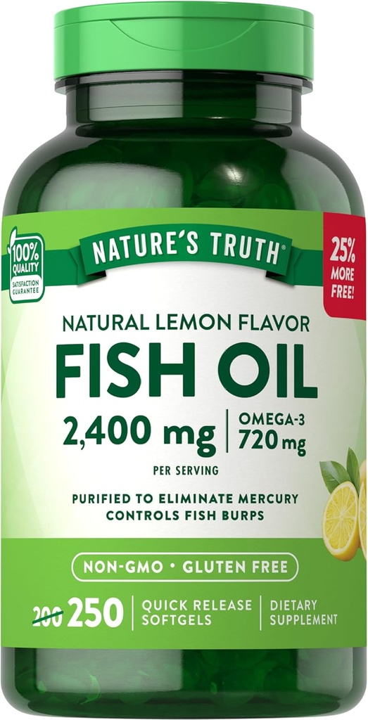 Nature's Truth Burpless Fish Oil 2400mg | 250 Softgels | 720 mg Omega 3 | Natural Lemon Flavor Pills | Non-GMO & Gluten Free Supplement