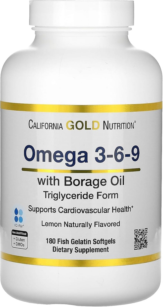 California Gold Nutrition Omega 3-6-9s, with Omega-3 Fish Oil and Borage Seed Oil, EPA, DHA, GLA, and Linoleic Acid, Natural Lemon, 180 Softgels