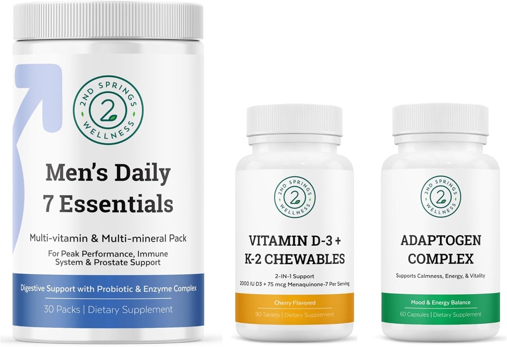 Men's Daily 7 Essentials, Adaptogen Complex & Vitamin D3 + K2 Chewables Bundle