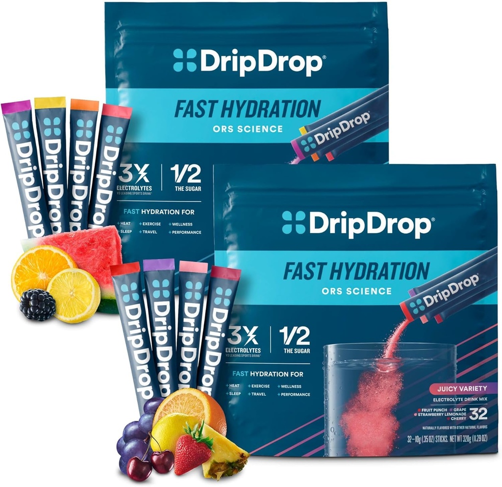 DripDrop Hydration - Electrolyte Powder Packets - Watermelon, Berry, Lemon, Orange, Fruit Punch, Grape, Strawberry Lemonade, Cherry - 64 Count