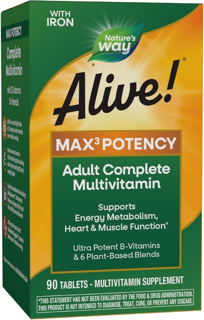 Nature's Way Alive! Max3 Potency Daily Multivitamin, Methylated B12 and Folate, Ultra Potency B-vitamins to Support Energy Metabolism*, 90 Tablets