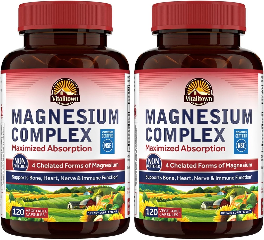Vitalitown Magnesium Complex Supplement 500mg - NSF Certified Magnesium Glycinate, Malate, Taurate & Citrate - Chelated High Absorption & Gentle on Stomach - Vegan Non-GMO 2 Packs 240 Capsules