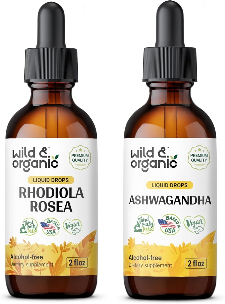 Wild & Organic Rhodiola Rosea Tincture 2 fl oz & Ashwagandha Tincture 2 fl oz