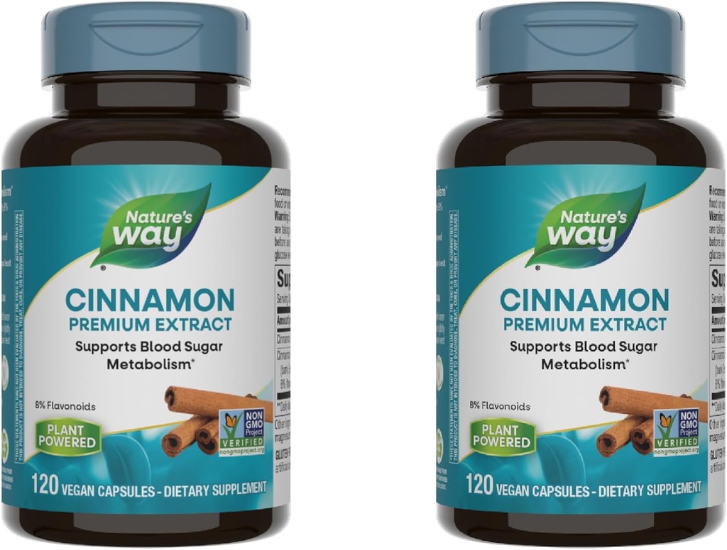 Nature's Way Cinnamon Premium Extract, Supports Carbohydrate Metabolism*, Non-GMO Project Verified, Standardized to 8% Flavonoids, 120 Vegan Capsules (Packaging May Vary) - 2 Pack