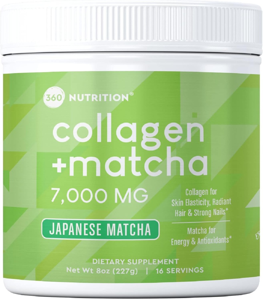 360 Nutrition Matcha Hydrolyzed Collagen Peptides Powder, Japanese Matcha Green Tea for Gut Health, Joint Support, Energy, Hair Skin & Nails, Gluten Free, Keto Friendly, Paleo, Non GMO (8oz (1 Count))