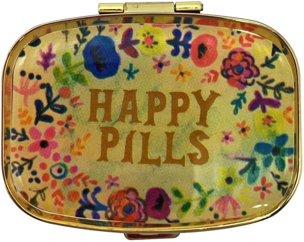 Happy Pills Pill Organizer Cute Metal Pill CasePortable Compact Pill Box Pill Container to Hold Tylenol/Vitamins/Fish Oil/Supplements/Meds/Tablet for Purse/Pocket(Upgraded with Mirror)