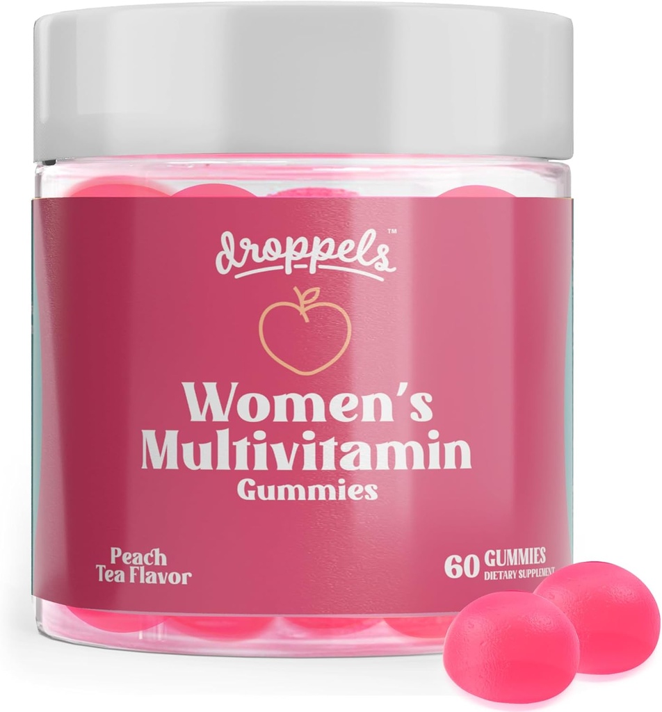 Droppels Women's Multivitamin Gummies with Folic Acid, Vitamins A, D, C, E, K, B6, B12, Biotin & More | Vegan, Non-GMO & Pectin-Based Daily Vitamins for Women | Peach Tea Flavor, 60 Count