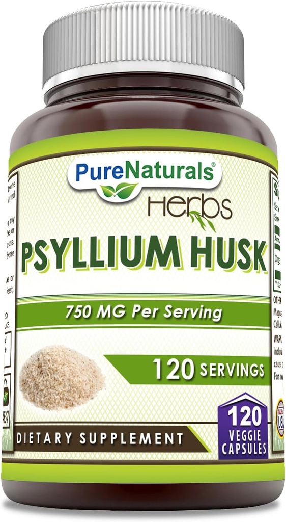 Pure Naturals Psyllium Husk Supplement | 750 Mg Per Serving | Veggie Capsules | Non-GMO | Gluten-Free | Made in USA (120 Count)