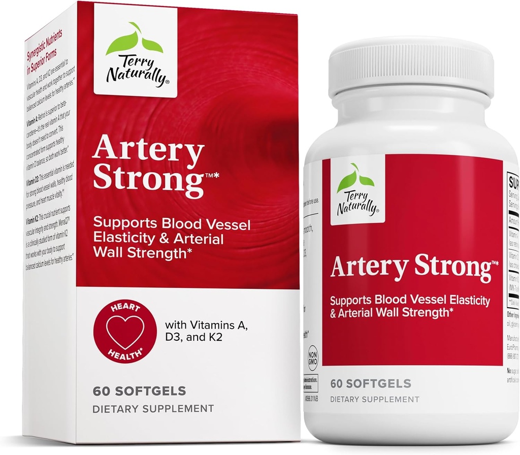 Terry Naturally Artery Strong - Cardio Health & Vascular Elasticity and Strength Support - Cardiovascular Support Supplement with Vitamins A & D3 - Aids Blood Vessel Elasticity - 60 Softgels