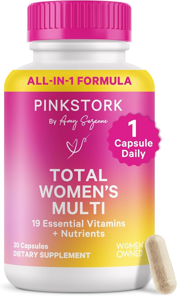 Pink Stork Total Women's Multivitamin - 19 Essential Vitamins for Women & Nutrients – Energy, Metabolism, Hormone, Immune & Mood Support – B6, B12, Biotin, Iron & Zinc – 30 Capsules